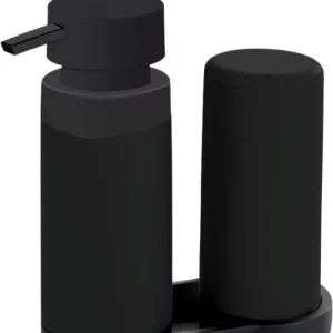 WENKO Easy Squeez-e Spülstation Schwarz, Kombination aus nachfüllbarem Spülmittel- und Seifenspender ideal für Bad, Küche und Gäste-WC, Fassungsvermögen ca. 250 ml je Dosierer, Maße 15 x 18 x 7 cm
