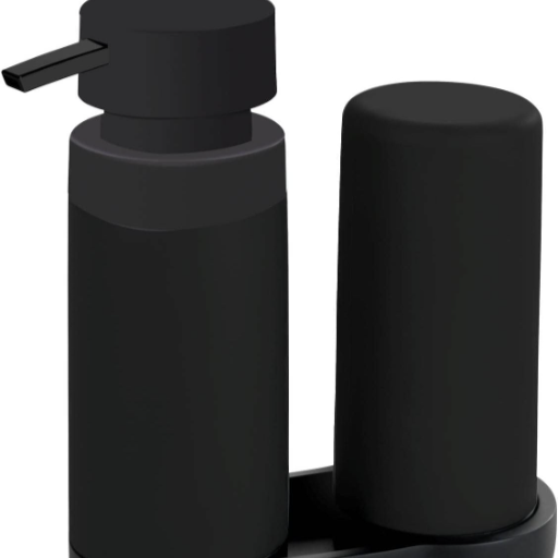 WENKO Easy Squeez-e Spülstation Schwarz, Kombination aus nachfüllbarem Spülmittel- und Seifenspender ideal für Bad, Küche und Gäste-WC, Fassungsvermögen ca. 250 ml je Dosierer, Maße 15 x 18 x 7 cm