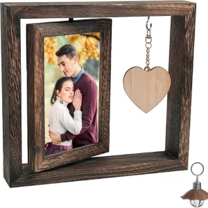Bilderrahmen Holz - Drehbarer Hochzeitsrahmen für 2 Fotos 15x10cm mit Holzherz und Licht - für Büro und Zuhause
