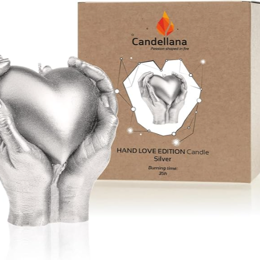 Candellana Kerze Herz Hand | Höhe: 16 cm | Silber | Brennzeit 35h | Kerzengröße gleicht 1:1 einer realen Hand | Handgemacht in der EU, 160x160x75 mm