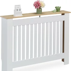 Relaxdays Heizkörperverkleidung, Lamellen, HBT 83x112x19 cm, für alte Heizkörper, Heizungsabdeckung mit Regal, MDF, weiß