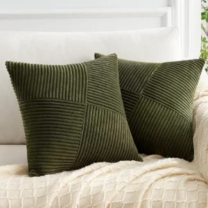 Topfinel Kissenbezug 50x50 Olivgrün Kordsamt 2er Set Windmühle Streifen Muster Kissenbezüge Kissenhülle Dekokissen Sofakissen Patchwork Design Deko Wohnzimmer Bett Schlafzimmer Sofa