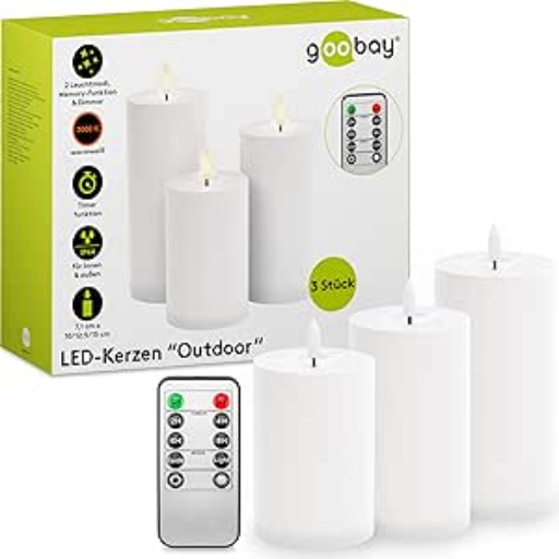 goobay 64786 LED Kerzen 3er Set mit Fernbedienung/elektrische Outdoor Kerzenlichter/realistisch flackernde Flamme/LED Deko/Timerfunktion/Flammenlose LED Kerzen/Batteriebetrieben/weiß