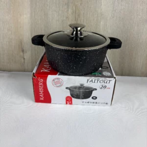 Kamberg 0008031 Kochtopf 20 cm Aluminiumguss Beschichtung in Steinoptik Mit Glasdeckel Für alle Herdarten, auch Induktion PFOA?frei, Schwarz