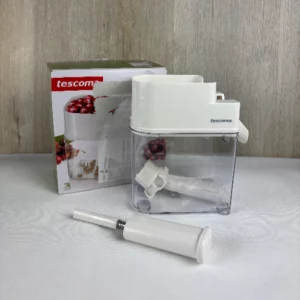 Tescoma Kirschentkerner manuell, Kirscheintsteiner mit Auffangbehälter, 18.5 x 11.5 x 20.5 cm,Stein ,Weiß/Transparent ,Edelstahl