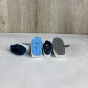 Masthome Spülbürste mit Spülmittelspender-4 Verschiedenen Ersatzköpfen-Befüllbare Spülbürste für Geschirr, Töpfe, Küchenspülen Reinigung-Nachfüllbare Küchenbürste mit 27cm Stiel-Blau+Weiß