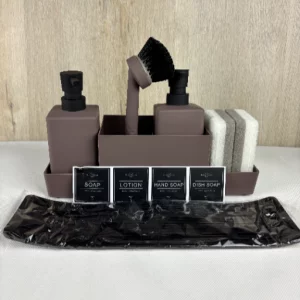 Spülmittelspender Küche Set mit Bürste und Schwammhalter, 350ml Seifenspender Spülbecken Organizer, Küchen Organizer aus Kunststoff, Spülseifenspender mit Abtropfschale und Reinigungsbürste, braun