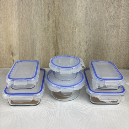 Amazon Basics Lebensmittelbehälter mit fest verschließbaren Deckeln aus Glas, 14 Stück Set, 7 Behälter und 7 BPA-freie Deckel, Transparent mit Blauem Silikonstreifen