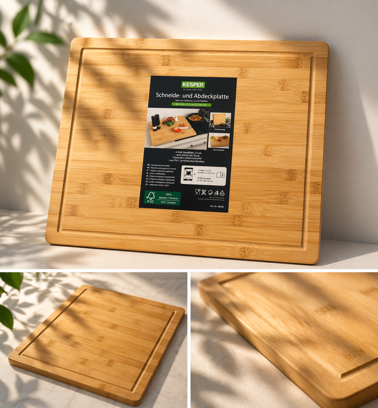 Kesper | XXL Schneideplatte | Abdeckplatte extra groß | 56 x 50 x 4 cm | Backbrett | FSC Bambus | ideal auch Schneideplatte oder Hackbrett