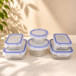 Amazon Basics Lebensmittelbehälter mit fest verschließbaren Deckeln aus Glas, 14 Stück Set, 7 Behälter und 7 BPA-freie Deckel, Transparent mit Blauem Silikonstreifen