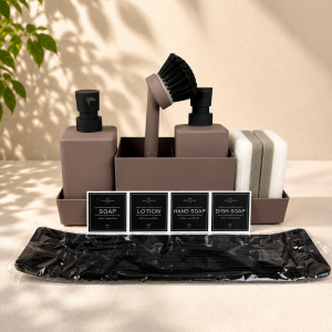 Spülmittelspender Küche Set mit Bürste und Schwammhalter, 350ml Seifenspender Spülbecken Organizer, Küchen Organizer aus Kunststoff, Spülseifenspender mit Abtropfschale und Reinigungsbürste, braun