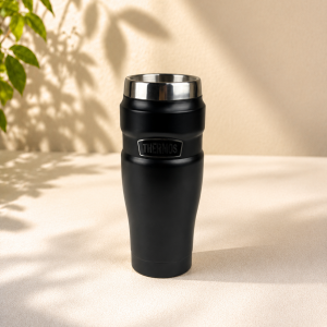 Thermos STAINLESS KING Thermobecher aus Edelstahl schwarz matt 0,47l - Coffee to Go Becher, absolut dicht, spülmaschinenfest, 7h heiß & 18h kalt, mit Haken für Teebeutel, BPA-frei