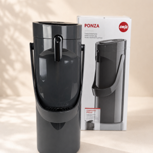 Emsa 515708 Ponza Pump-Isolierkanne, Thermosflasche, 1,9l Füllvolumen, Isolierbecher, Druckhebel, abnehmbare Tropfschale, grau, 17 x 16.5 x 39 cm