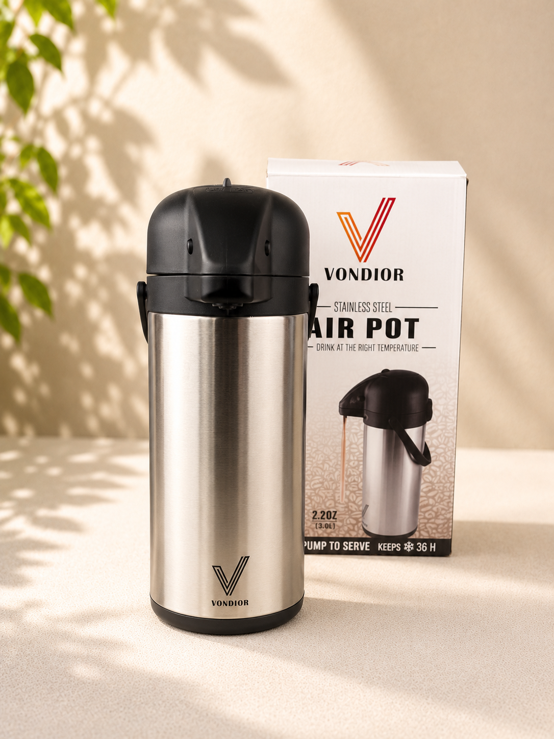 Vondior Airpot Pumpkanne 3 Liter - Professionelle isolierte Kaffeekaraffe aus Edelstahl, Thermoskanne, Thermos-Getränkespender, Geeignet Für Partygetränke