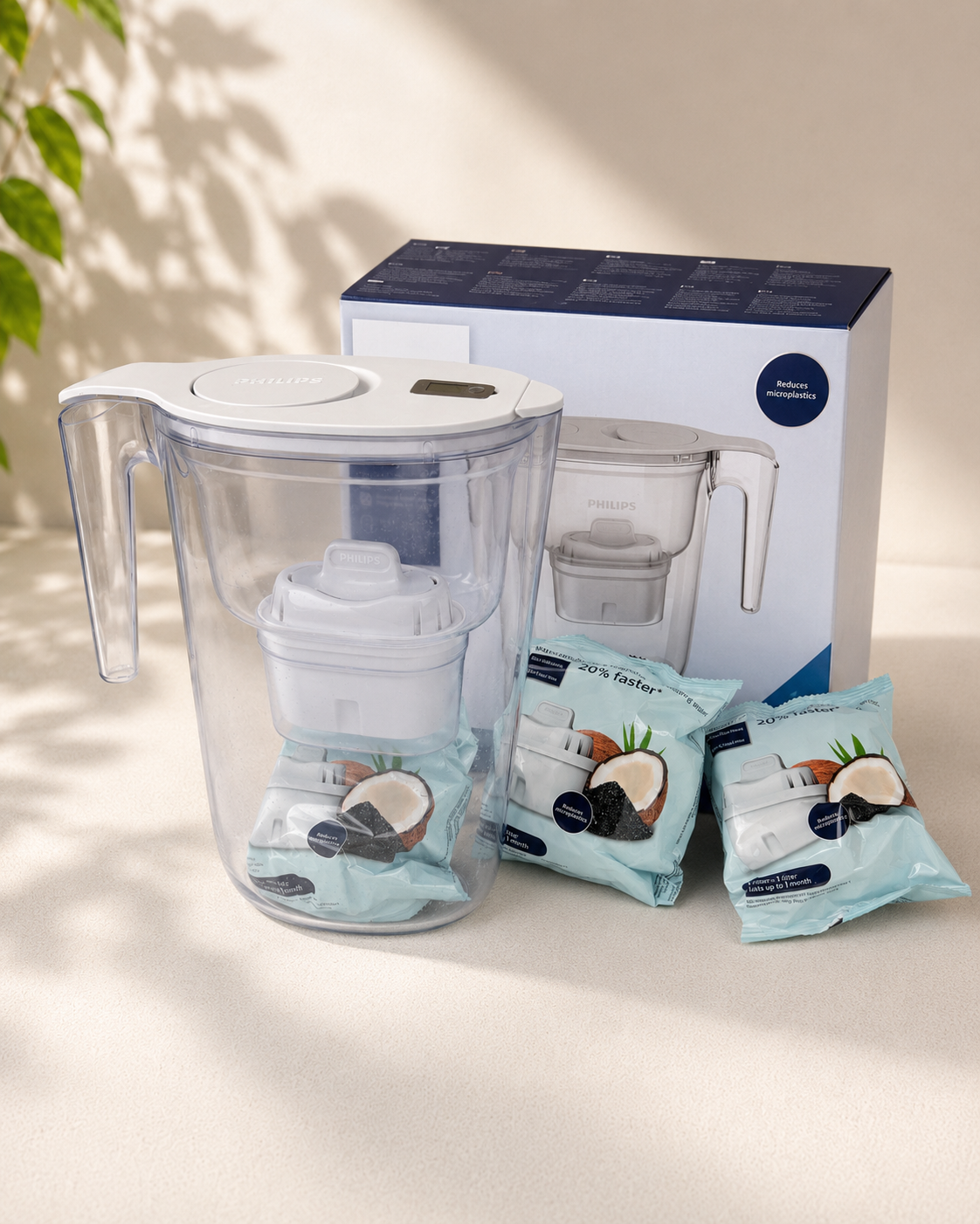 Philips Water Wasserfilterkanne +4 Antikalk+ Ersatzfilterkartuschen schneller Durchfluss elektronischer Timer reduziert Wasserhärte um bis zu 50 Prozent 2,6 L