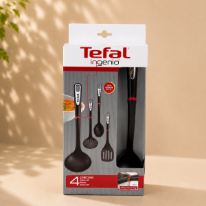 Tefal Ingenio K206S4 Küchenhelfer-Set | Suppenkelle, Gemüselöffel, Löffel, Bratwender | Kunststoff | Schwarz/Silber/Rot- 17,2 x 8,1 x 36 cm (LxBxH)C2721